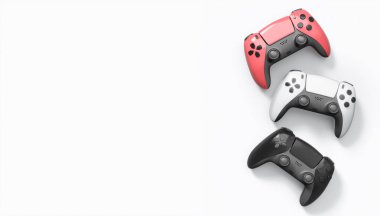 Gerçekçi renkli video oyunu joystickleri ya da beyaz arka planda renk düğmeleri olan gamepad 'ler. Bulut oyunu ve oyun alanı çalışma alanı konsepti için 3 boyutlu görüntüleme