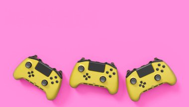 Pembe arka planda gerçekçi sarı video oyunu joystickleri ya da oyun pedleri. Bulut oyunu ve oyun alanı çalışma alanı konsepti için 3 boyutlu görüntüleme