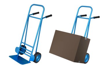 Havaalanı bagaj seti ya da bagaj vagonu yanında bir yığın karton kutu ya da beyaz arka planda karton kutu. Havaalanı veya depo servisinin 3d oluşturma ögesi
