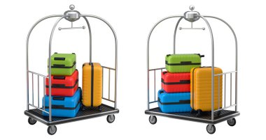 Beyaz arka planda bagajları taşımak için normal polikarbonat valiz seti. 3D seyahat konsepti. Tatil ve bagaj taşımacılığı.