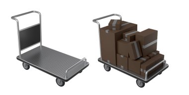 Havaalanı bagaj seti ya da bagaj vagonu yanında bir yığın karton kutu ya da beyaz arka planda karton kutu. Havaalanı veya depo servisinin 3d oluşturma ögesi