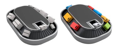 Havalimanı bagaj bandı ya da bagaj teslim alanı beyaz arka planda bavullarla dolu. Seyahat tatil konseptinin 3D sunucusu.