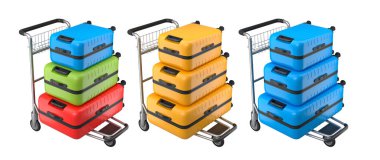 Beyaz arka planda bagajları taşımak için normal polikarbonat valiz seti. 3D seyahat konsepti. Tatil ve bagaj taşımacılığı.