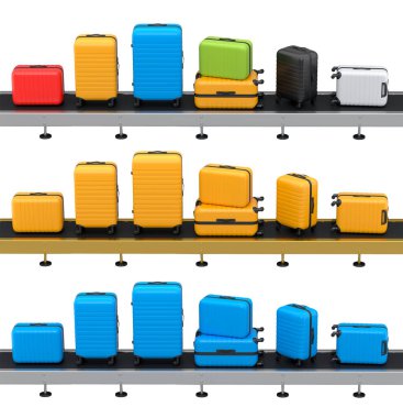 Havalimanı bagaj taşıma bandı, üretim hattı ya da bavulları beyaz arka planda olan bagaj teslim alanı. Seyahat tatil konseptinin 3D sunucusu.