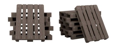 Depo için beyaz arka planda izole edilmiş ahşap paletler. Kargo yükleme ve taşıma, nakliye, nakliye, depolama servis ekipmanları için 3D tepsi hazırlama