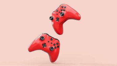 Gerçekçi kırmızı gök mavisi video oyunu joystickleri ya da pembe arka planda oyun pedleri. Bulut oyunu ve oyun alanı çalışma alanı konsepti için 3 boyutlu görüntüleme