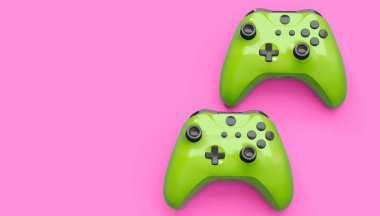 Gerçekçi mavi gök mavisi video oyunu joystickleri ya da pembe arka planda oyun pedleri. Bulut oyunu ve oyun alanı çalışma alanı konsepti için 3 boyutlu görüntüleme