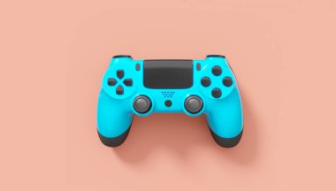 Pembe arka planda gerçekçi mavi oyun joystickleri veya oyun pedleri. Bulut oyunu ve oyun alanı çalışma alanı konsepti için 3 boyutlu görüntüleme