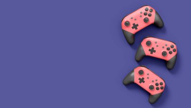 Gerçekçi pembe video oyunu joystickleri ya da menekşe arka planda oyun pedleri. Bulut oyunu ve oyun alanı çalışma alanı konsepti için 3 boyutlu görüntüleme
