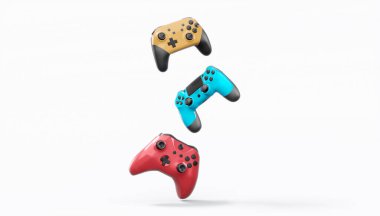 Gerçekçi renkli video oyunu joystickleri ya da beyaz arka planda renk düğmeleri olan gamepad 'ler. Bulut oyunu ve oyun alanı çalışma alanı konsepti için 3 boyutlu görüntüleme