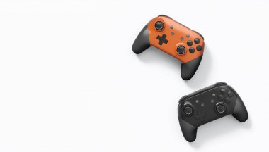 Gerçekçi renkli video oyunu joystickleri ya da beyaz arka planda renk düğmeleri olan gamepad 'ler. Bulut oyunu ve oyun alanı çalışma alanı konsepti için 3 boyutlu görüntüleme