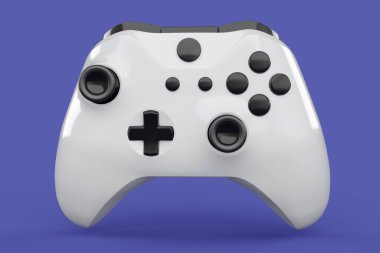 Gerçekçi beyaz video oyunu joystick 'i ya da menekşe arka planda oyun platformu. Bulut oyunu ve oyun alanı çalışma alanı konsepti için 3 boyutlu görüntüleme