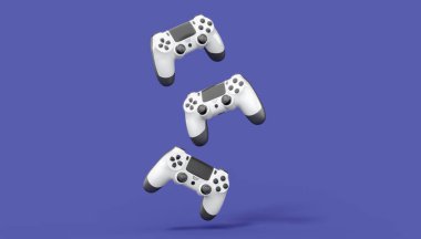 Gerçekçi beyaz video oyunu joystickleri ya da menekşe arka planda oyun pedleri. Bulut oyunu ve oyun alanı çalışma alanı konsepti için 3 boyutlu görüntüleme