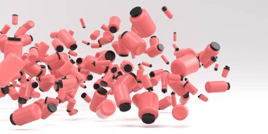 Protein içeceği için spor karıştırıcı ve beyaz arka planda su şişeleri gibi uçan ve kıvrımlı spor ekipmanları. 3D kaldırma, fitness ve beden eğitimi konsepti