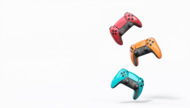 Gerçekçi renkli video oyunu joystickleri ya da beyaz arka planda renk düğmeleri olan gamepad 'ler. Bulut oyunu ve oyun alanı çalışma alanı konsepti için 3 boyutlu görüntüleme