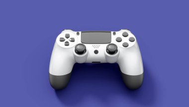Gerçekçi beyaz video oyunu joystick 'i ya da menekşe arka planda oyun platformu. Bulut oyunu ve oyun alanı çalışma alanı konsepti için 3 boyutlu görüntüleme