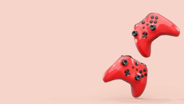 Gerçekçi kırmızı gök mavisi video oyunu joystickleri ya da pembe arka planda oyun pedleri. Bulut oyunu ve oyun alanı çalışma alanı konsepti için 3 boyutlu görüntüleme