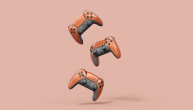 Kırmızı arka planda gerçekçi kırmızı video oyunu joystickleri ya da oyun pedleri. Bulut oyunu ve oyun alanı çalışma alanı konsepti için 3 boyutlu görüntüleme