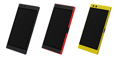 Modern bir akıllı telefonun ön ve yan görünümlerinin koleksiyonu, teknoloji önizlemeleri ve sunumlar için ideal beyaz arkaplanda kırpma yolu ile izole edilmiş