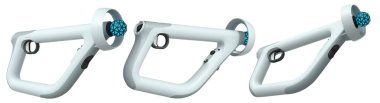 Çevrimiçi ve bulut oyun gösterimi için sanal gerçeklik denetleyicileri beyaz arkaplanda kırpma yolu ile izole edilmiş modern ergonomik