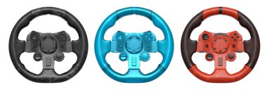 Yarış oyunu direksiyonları beyaz arka planda izole edilmiş, kırpma yolu ile, ustalıkla tasarlanmış oyun deneyiminizi geliştirmek için