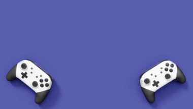 Gerçekçi beyaz video oyunu joystickleri ya da menekşe arka planda oyun pedleri. Bulut oyunu ve oyun alanı çalışma alanı konsepti için 3 boyutlu görüntüleme