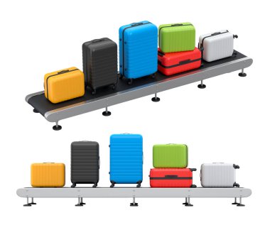 Havalimanı bagaj taşıma bandı, üretim hattı ya da bavulları beyaz arka planda olan bagaj teslim alanı. Seyahat tatil konseptinin 3D sunucusu.