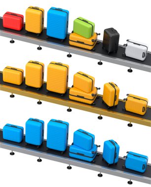 Havalimanı bagaj taşıma bandı, üretim hattı ya da bavulları beyaz arka planda olan bagaj teslim alanı. Seyahat tatil konseptinin 3D sunucusu.