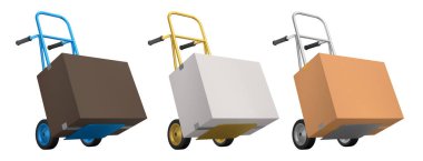 Havaalanı bagaj seti ya da bagaj vagonu yanında bir yığın karton kutu ya da beyaz arka planda karton kutu. Havaalanı veya depo servisinin 3d oluşturma ögesi