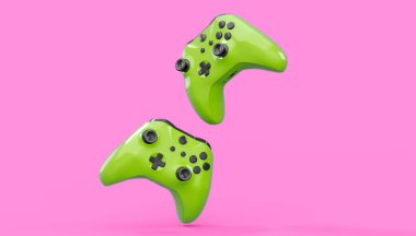 Gerçekçi mavi gök mavisi video oyunu joystickleri ya da pembe arka planda oyun pedleri. Bulut oyunu ve oyun alanı çalışma alanı konsepti için 3 boyutlu görüntüleme