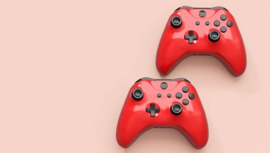 Gerçekçi kırmızı gök mavisi video oyunu joystickleri ya da pembe arka planda oyun pedleri. Bulut oyunu ve oyun alanı çalışma alanı konsepti için 3 boyutlu görüntüleme