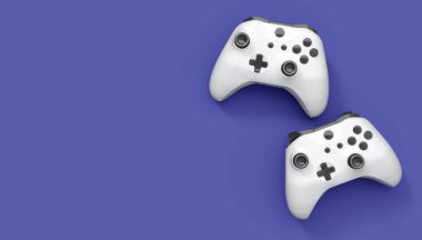 Gerçekçi beyaz video oyunu joystickleri ya da menekşe arka planda oyun pedleri. Bulut oyunu ve oyun alanı çalışma alanı konsepti için 3 boyutlu görüntüleme