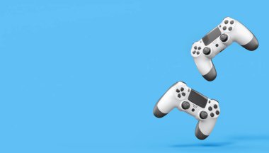 Gerçekçi beyaz video oyunu joystickleri ya da mavi arka planda oyun pedleri. Bulut oyunu ve oyun alanı çalışma alanı konsepti için 3 boyutlu görüntüleme