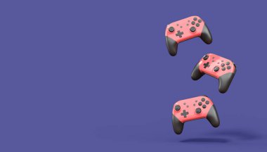 Gerçekçi pembe video oyunu joystickleri ya da menekşe arka planda oyun pedleri. Bulut oyunu ve oyun alanı çalışma alanı konsepti için 3 boyutlu görüntüleme