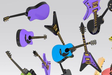 Birçok uçan akustik gitar beyaz arka planda izole edilmiştir. Müzik dükkanı için İspanyol gitarlı rock festivali posterinin 3D canlandırması