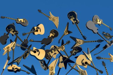 Uçan elektro gitarların çoğu mavi arka planda izole edilmiştir. Müzik dükkanı için İspanyol gitarlı rock festivali posterinin 3D canlandırması
