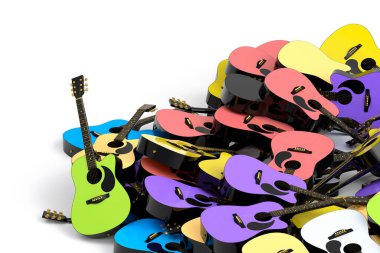 Beyaz arka planda izole edilmiş uçan akustik gitar yığını. Müzik dükkanı için İspanyol gitarlı rock festivali posterinin 3D canlandırması
