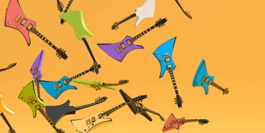 Uçan elektro gitarların çoğu sarı arka planda izole edilmiştir. Müzik dükkanı için İspanyol gitarlı rock festivali posterinin 3D canlandırması