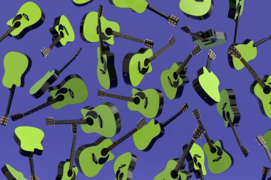 Birçok uçan akustik gitar menekşe arka planda izole edilmiştir. Müzik dükkanı için İspanyol gitarlı rock festivali posterinin 3D canlandırması