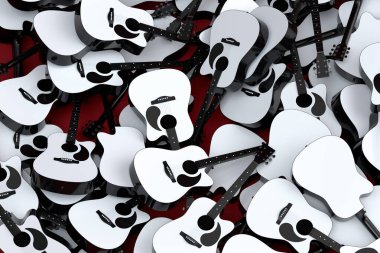 Siyah arka planda izole edilmiş uçan akustik gitar yığını. Müzik dükkanı için İspanyol gitarlı rock festivali posterinin 3D canlandırması