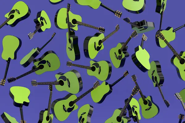 Birçok uçan akustik gitar menekşe arka planda izole edilmiştir. Müzik dükkanı için İspanyol gitarlı rock festivali posterinin 3D canlandırması