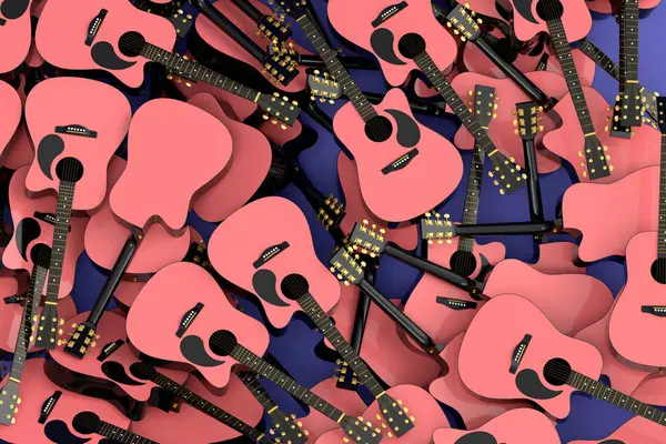 Beyaz arka planda izole edilmiş uçan akustik gitar yığını. Müzik dükkanı için İspanyol gitarlı rock festivali posterinin 3D canlandırması