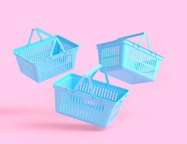 Tek renkli arka planda süpermarketten alınmış uçan plastik alışveriş sepeti seti. 3D canlandırma konsepti online alışveriş ve Kara Cuma indirimi