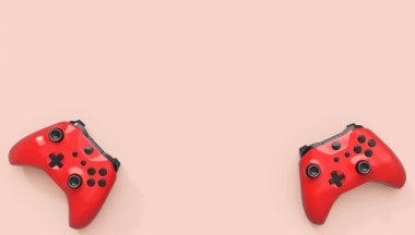 Gerçekçi kırmızı gök mavisi video oyunu joystickleri ya da pembe arka planda oyun pedleri. Bulut oyunu ve oyun alanı çalışma alanı konsepti için 3 boyutlu görüntüleme