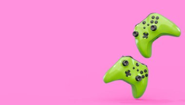 Gerçekçi mavi gök mavisi video oyunu joystickleri ya da pembe arka planda oyun pedleri. Bulut oyunu ve oyun alanı çalışma alanı konsepti için 3 boyutlu görüntüleme