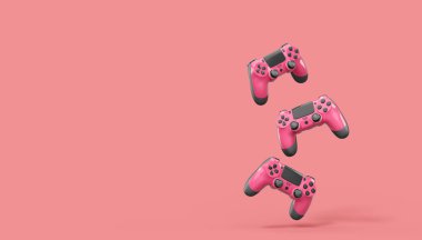 Pembe arka planda gerçekçi kırmızı video oyunu joystickleri ya da oyun pedleri. Bulut oyunu ve oyun alanı çalışma alanı konsepti için 3 boyutlu görüntüleme