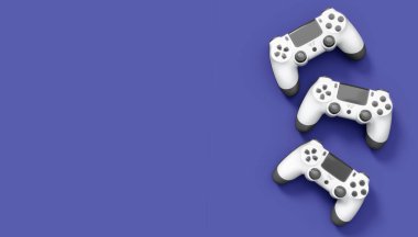 Gerçekçi beyaz video oyunu joystickleri ya da menekşe arka planda oyun pedleri. Bulut oyunu ve oyun alanı çalışma alanı konsepti için 3 boyutlu görüntüleme