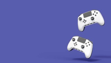 Gerçekçi beyaz video oyunu joystickleri ya da menekşe arka planda oyun pedleri. Bulut oyunu ve oyun alanı çalışma alanı konsepti için 3 boyutlu görüntüleme
