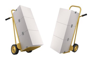 Havaalanı bagaj seti ya da bagaj vagonu yanında bir yığın karton kutu ya da beyaz arka planda karton kutu. Havaalanı veya depo servisinin 3d oluşturma ögesi