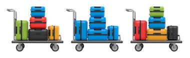 Beyaz arka planda bagajları taşımak için normal polikarbonat valiz seti. 3D seyahat konsepti. Tatil ve bagaj taşımacılığı.